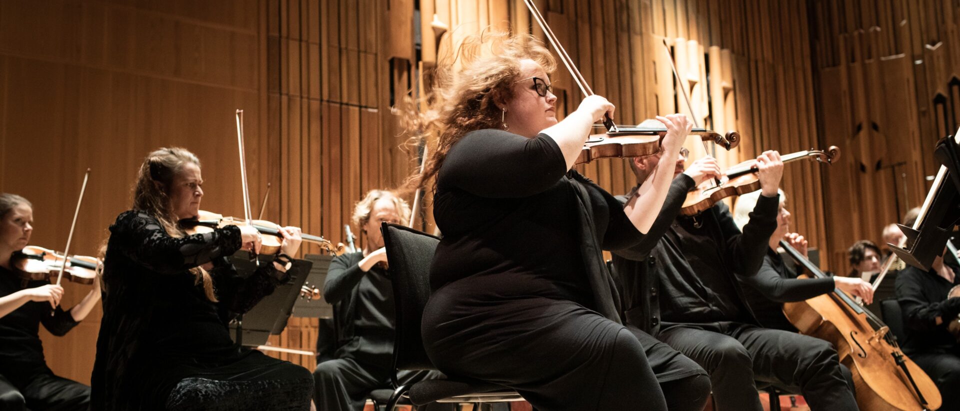 Close up of players from Britten Sinfonia performing on stage