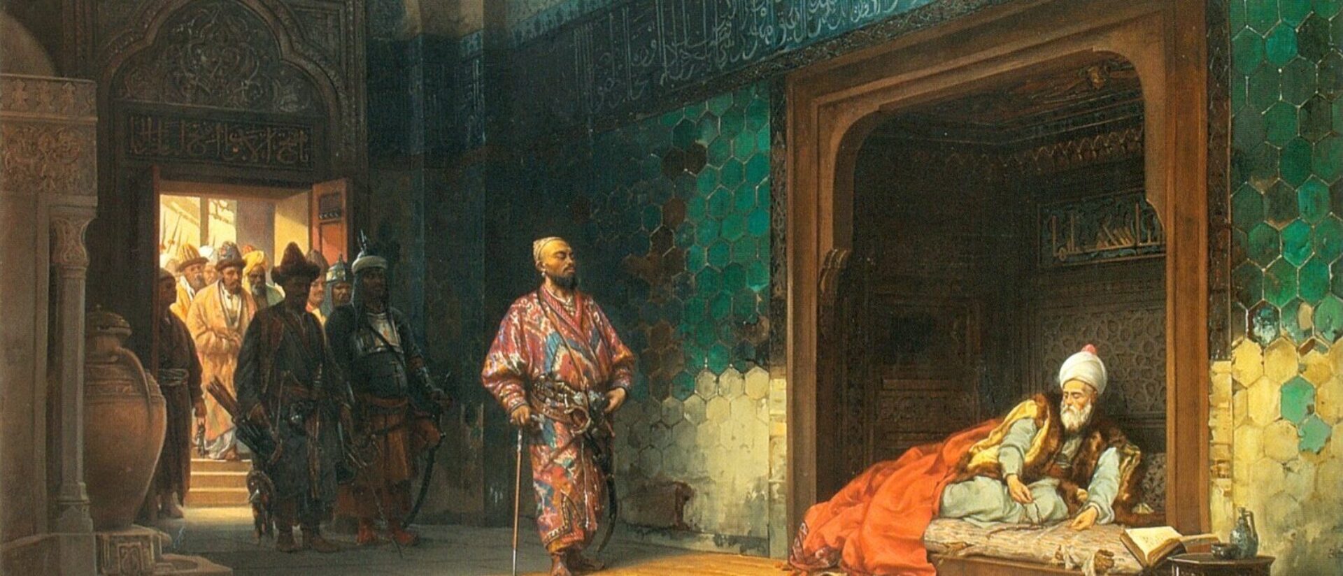 A painting of grand Arabic palace filled with richly dressed men