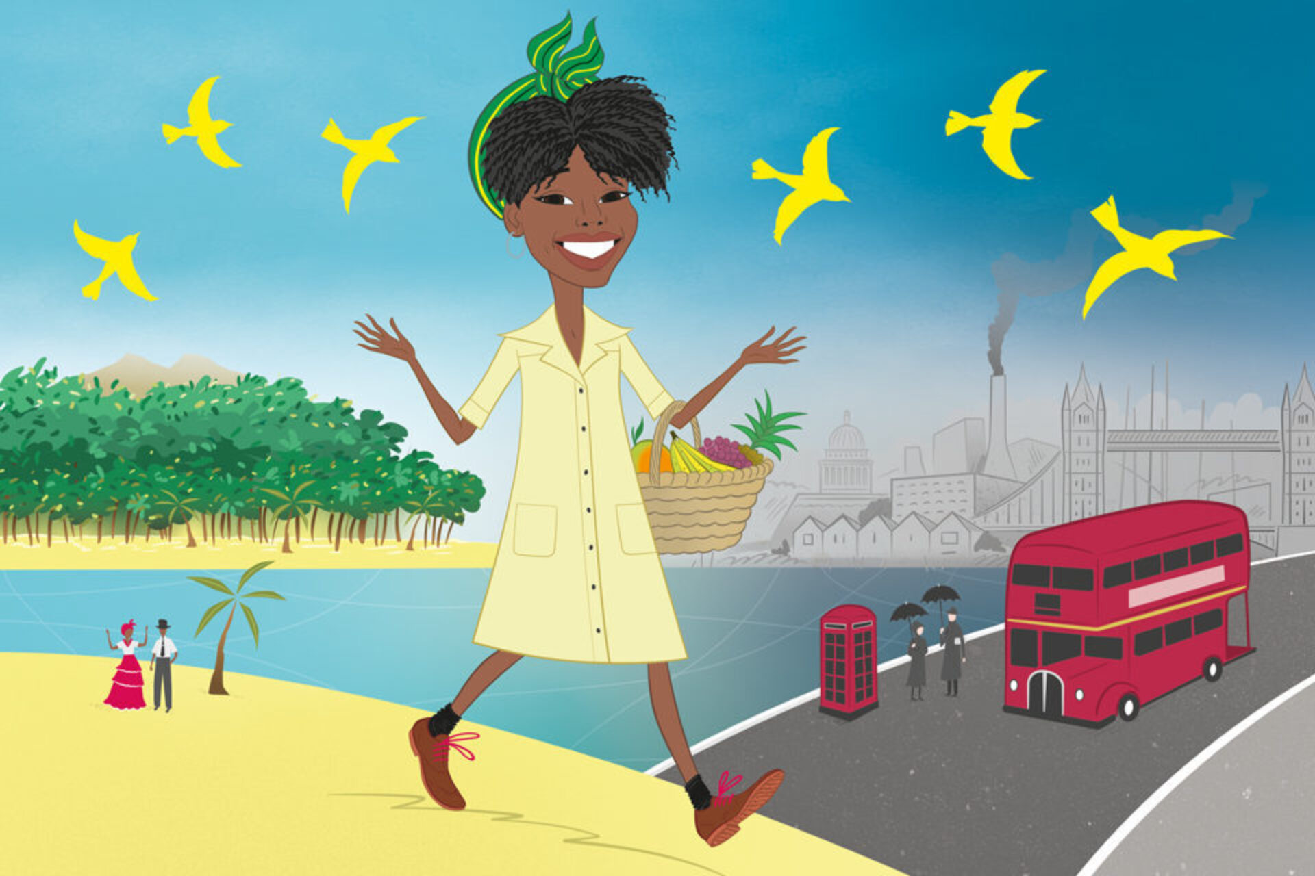 A cartoon illustration of a woman walking on a mix of the beach and London.