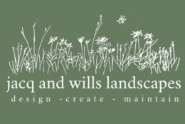 Image of the jacq and wills logo, green background, white writing and flowers